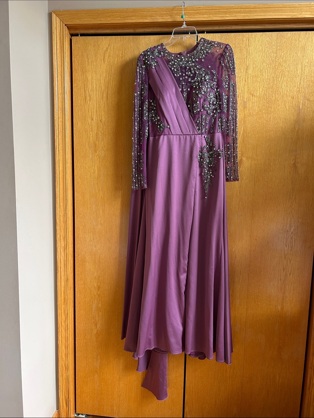 Beaded Long Sleeve Evening Gown in Mauve